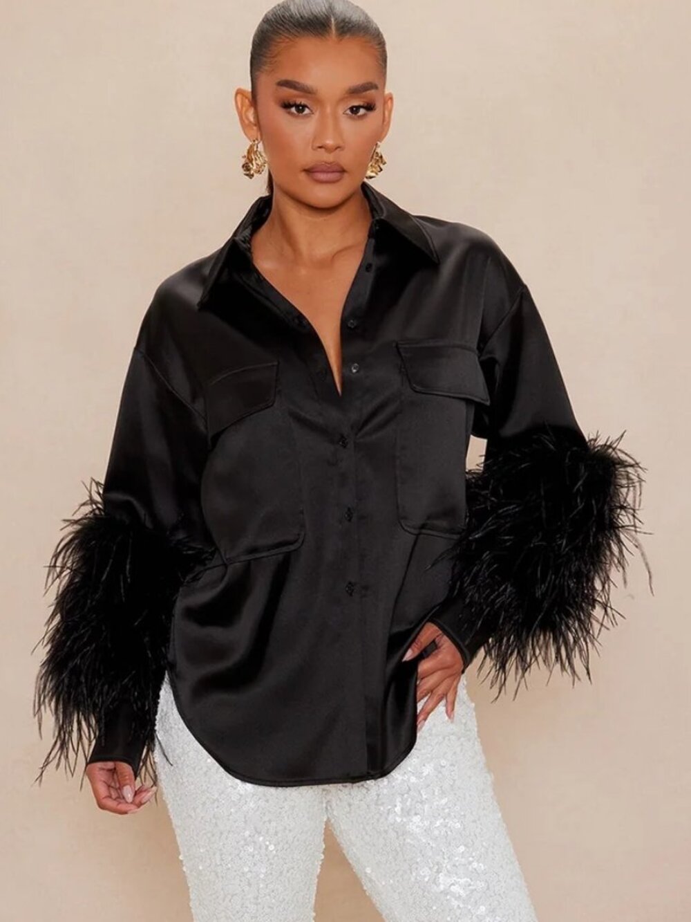 NWT Beautiful Luxe Black Satin Feather Oversized Button Blouse